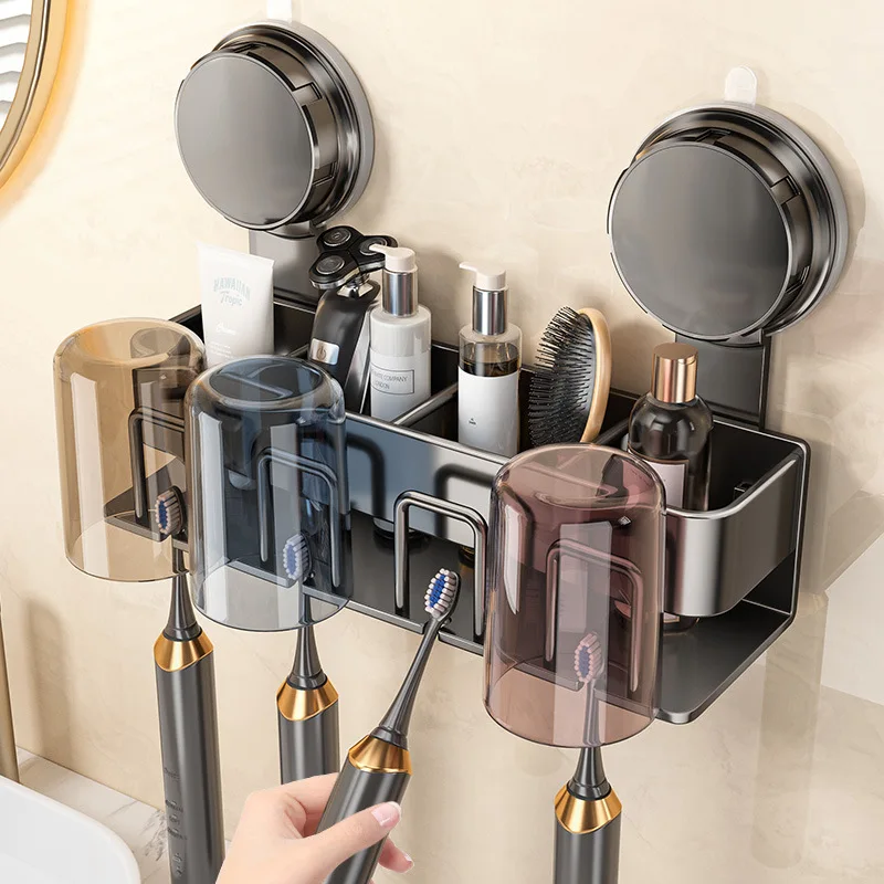 YM No Drilling Suction Cup Hair Dryer Stand All-in-One Bathroom Bracket with Toothbrush Holder And Toothware Rinsing Cup
