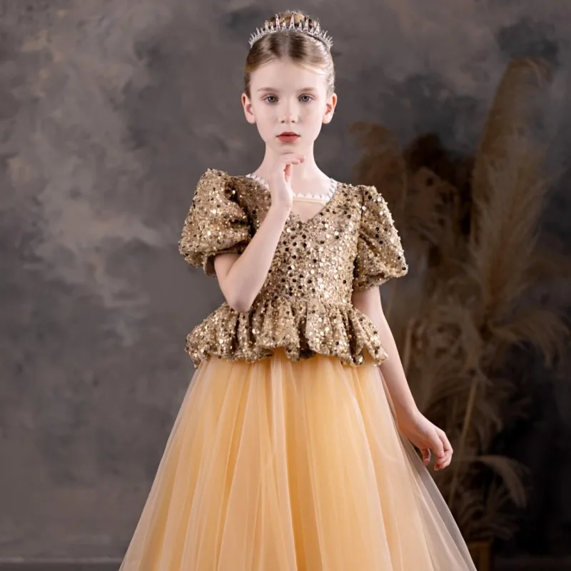 Jill Wish Luxury Shiny Champagne  Flower Girl Dress Sequined Princess A-Line Gown for Kids Wedding Birthday Party Pageant J131