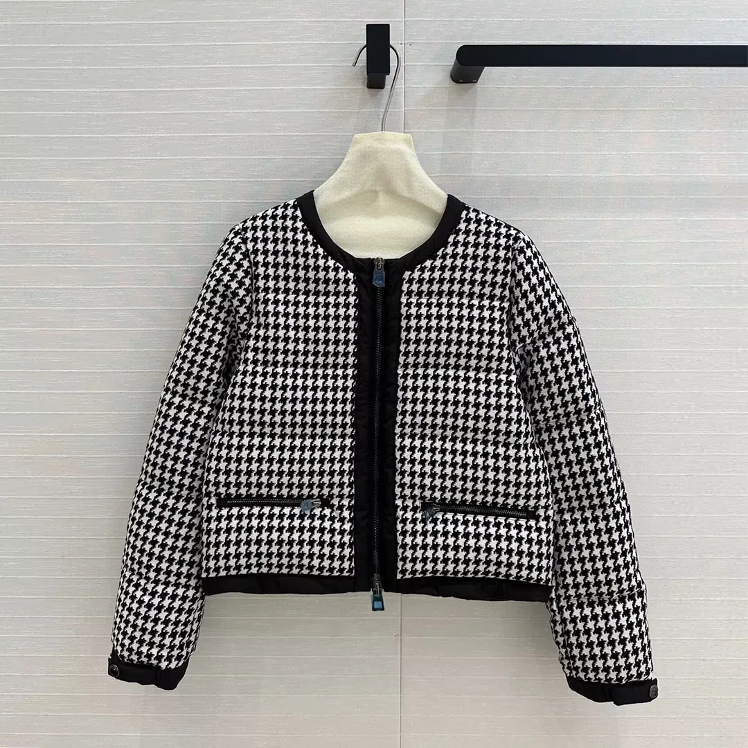 2024 New Fashion Winter White Duck Down Coat Women Houndstooth Pattern O-neck Long Sleeve Zipper Reversible Sweet Retro Jacket