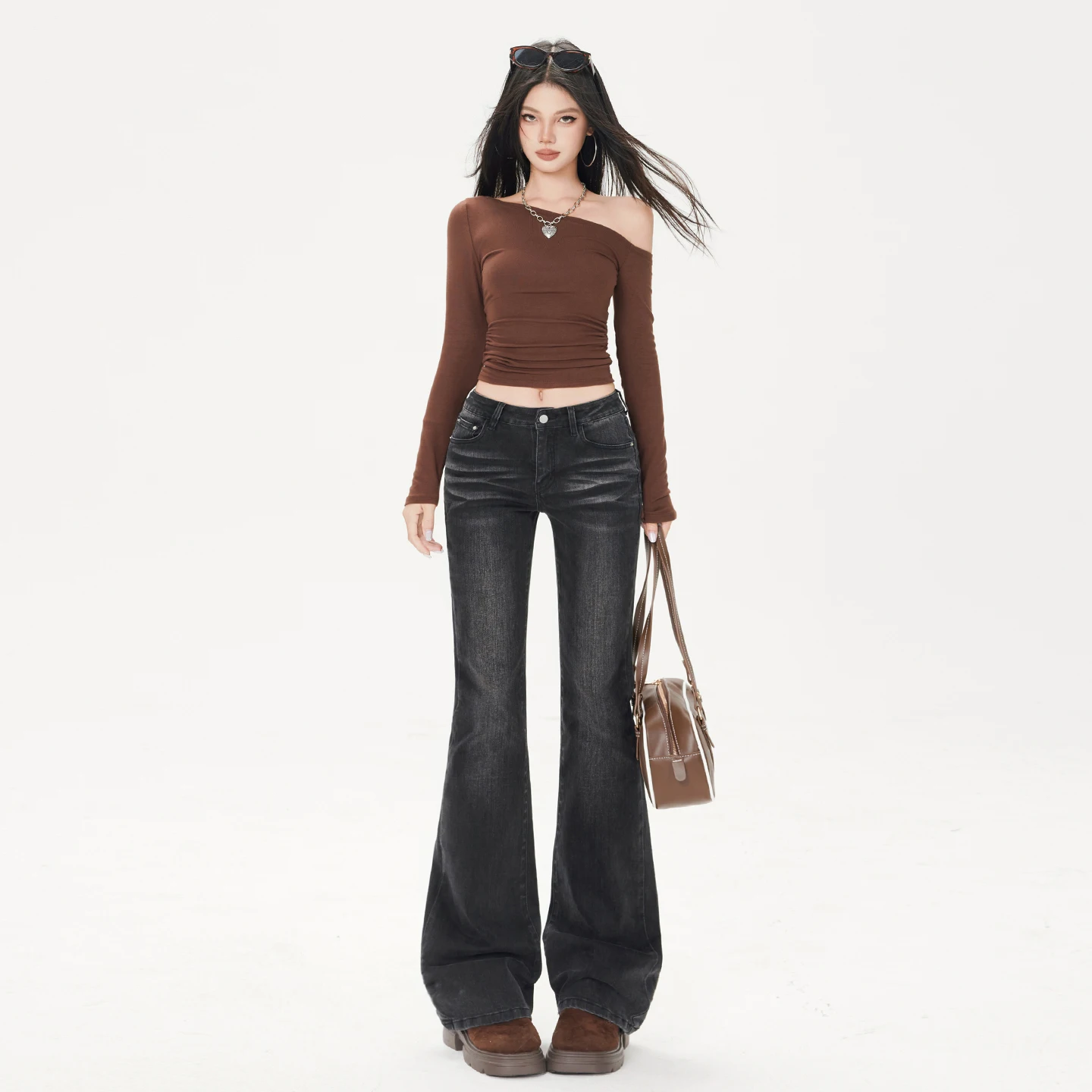 

American retro heavy craft washed wool whisker narrow version elastic casual fashion straight leg jeans for women
