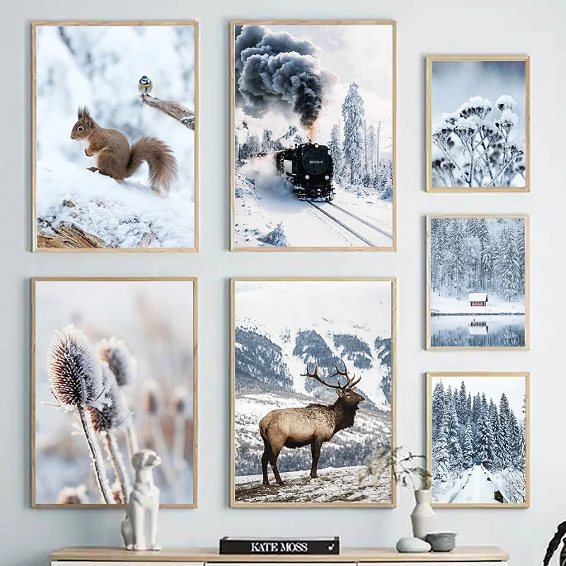 Winter Snow Forest Landscape Canvas Painting Modern Art Printed Poster Train Deer Squirrel Pine Nut Mural Shopping Mall Decor