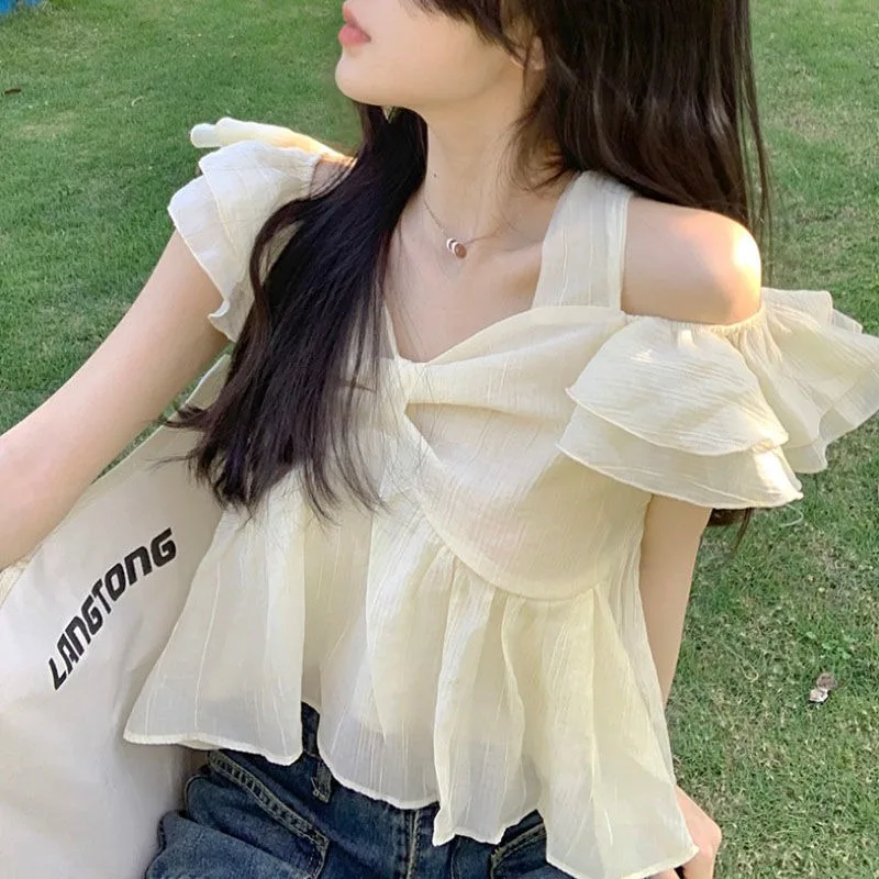 

Strapless Halter Chiffon Blouse Women New Arrival Solid Color V-neck Ruffles Short Tops Summer Fashion Sweet Girls Blusas Female