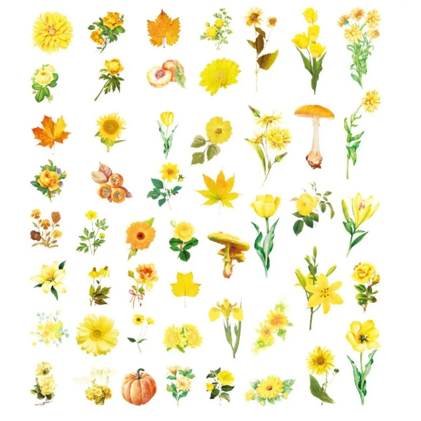 100pcs Colorful Yellow Flower Style PVC Sticker Tag Card Set Scrapbooking DIY Gift Decoration