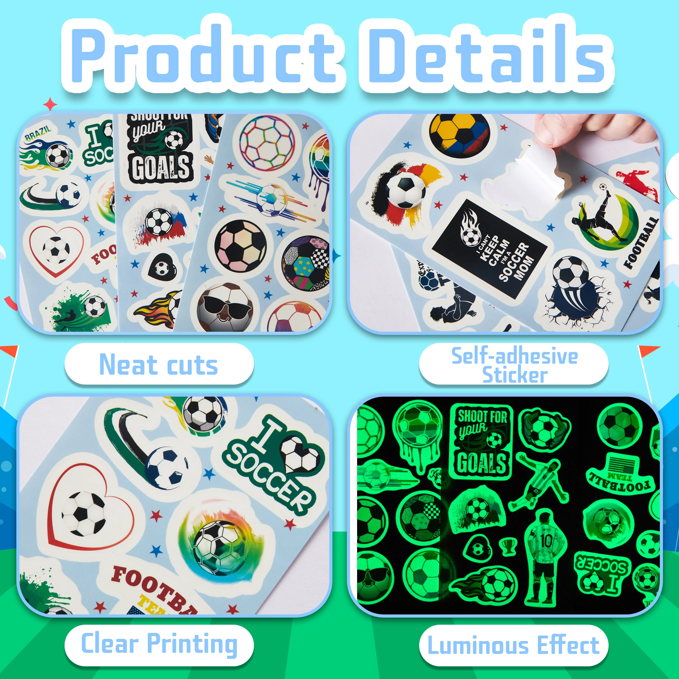 50pcs Glow In The Dark Football Stickers, Vinyl Water Bottles Luggage Waterproof StickersFootball Team Gifts for Kids Teens