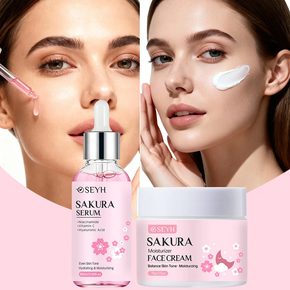 

SEYH Sakura Facial Essence + увлажняющий крем, набор из 2 предметов, комбинированный ежедневный и ночной уход за кожей с ретинолом, алоэ вера и экстрактами сакуры, 72H Hydrat