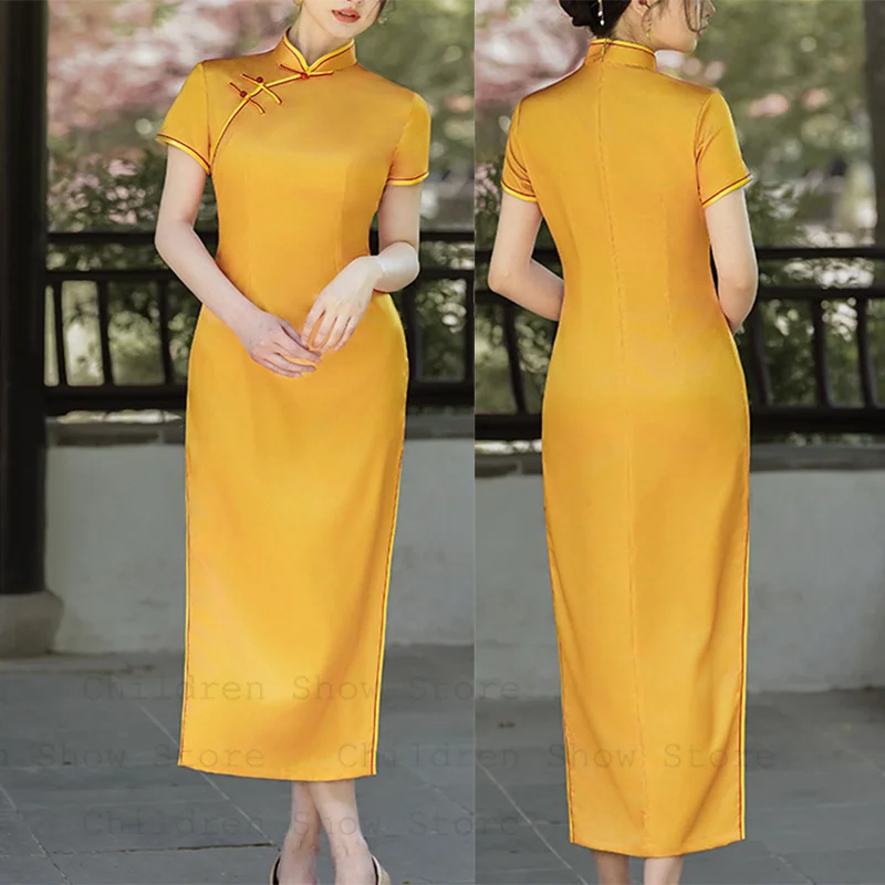Long Qipao Chinese Style Elegant Satin Dress Women Fashion Stage Show Performance Costume Tradition Mandarin Collar Cheongsam