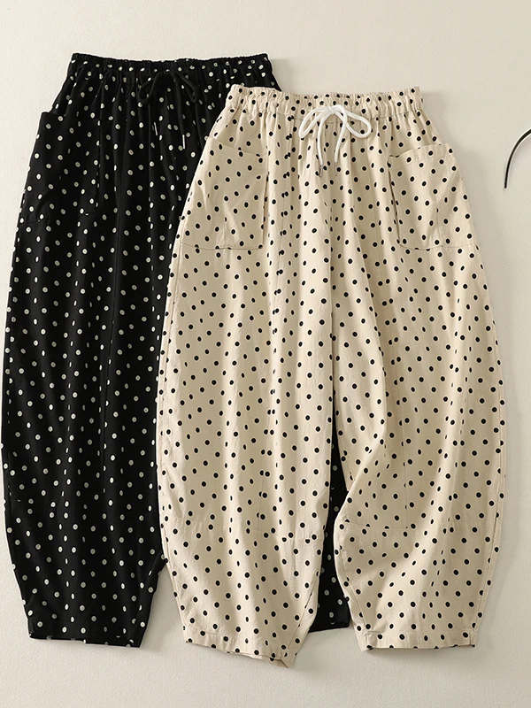 

Свободные повседневные широкие брюки с высокой талией в горошек, женские хлопковые и льняные брюки цвета хаки больших размеров, винтажные брюки Sle Commute Faion