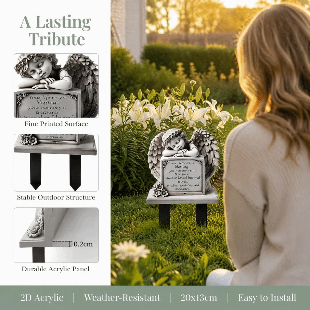 Commemorative Design Garden Angel Statue 5.11x7.8in Grey Angel Tombstone Plaque Garden Decoration Human Memorial Memorial Plaque