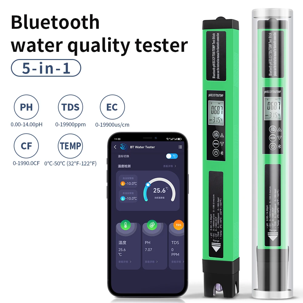 Digital 5 in 1 Water Quality Tester EC TDS CF TEMP PH Meter Portable Bluetooth APP Control ​Language Support Function Water Test