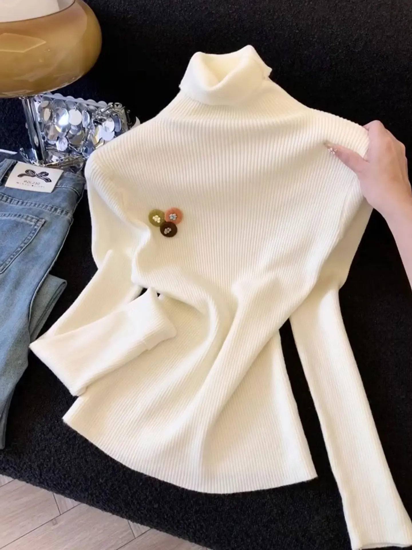 

Модный женский теплый трикотажный топ с 3D-цветами, длинным рукавом, высоким воротником и облегающим кроем для повседневной носки зимой