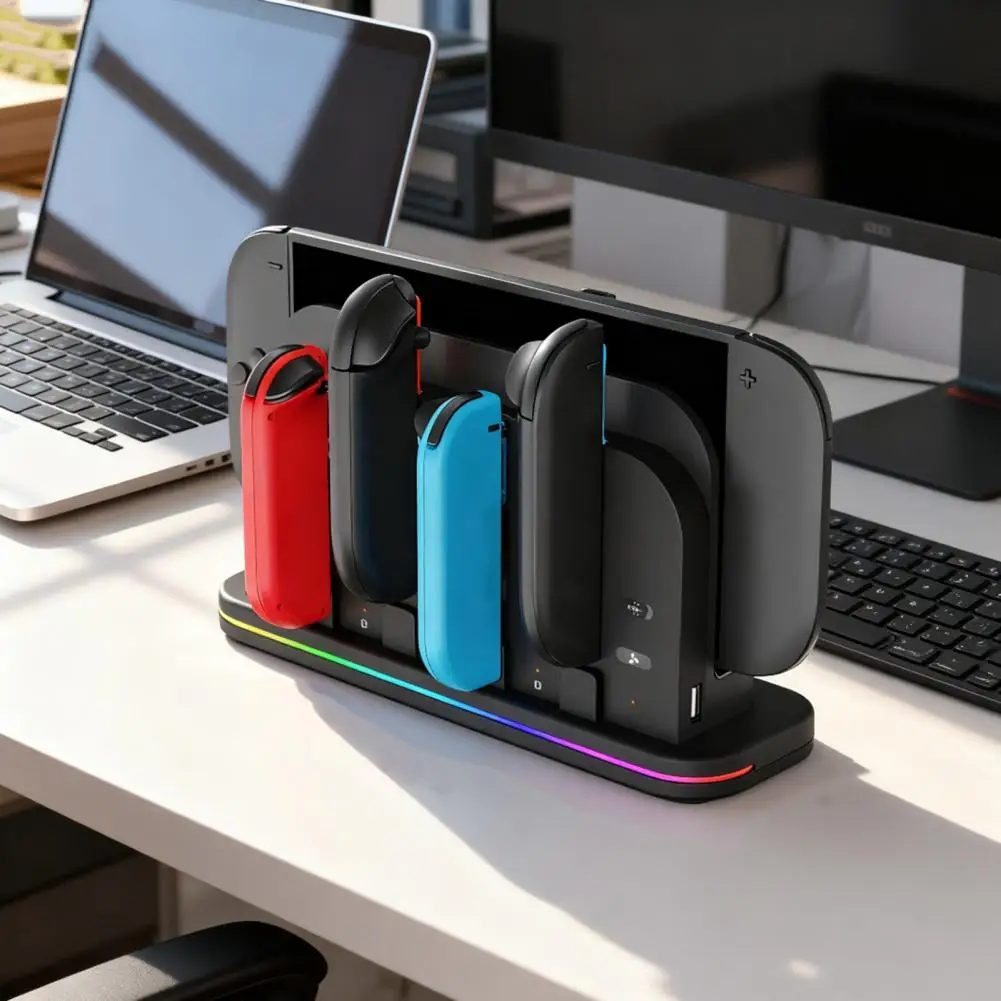 

Зарядная док-станция для контроллера с RGB-подсветкой. Зарядная док-станция 4-в-1. Зарядная док-станция с игровым контроллером 4-в-1. Зарядное устройство для джойстика.