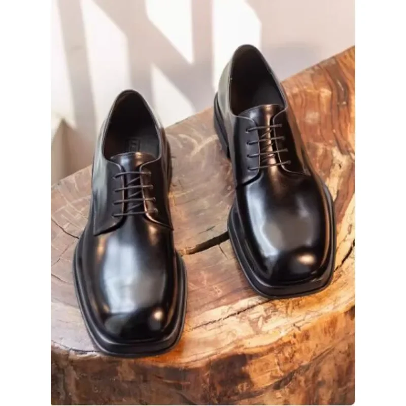 

Style Derby Shoes Pure Genuine Leather Handmade Formal Classic Men's Business Wedding Party Lace-up Pointed Dress Man Shoes