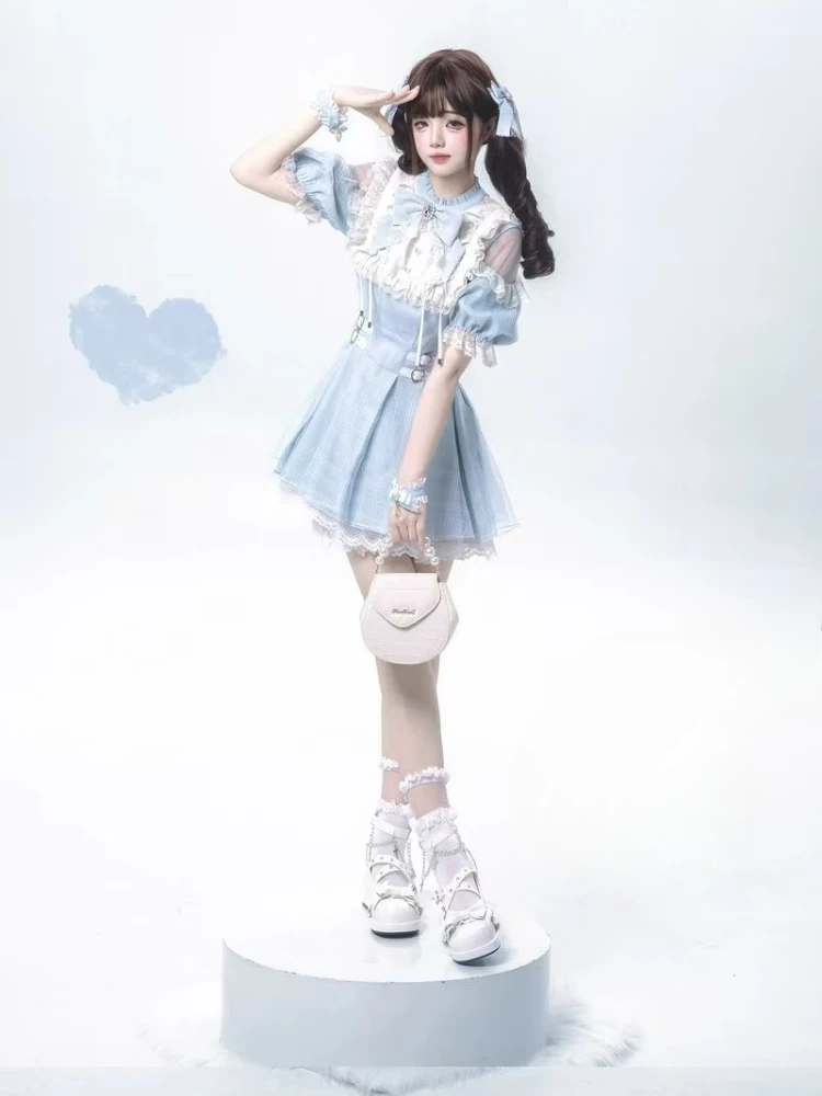 اليابانية الحلو لوليتا القوس فستان مجموعة تي شيرتات قصيرة للأطفال النساء Kawaii الدانتيل الكشكشة قبالة الكتف قمصان مربعة النقش فستان القوطية Y2k سليم فستان الحفلات #5