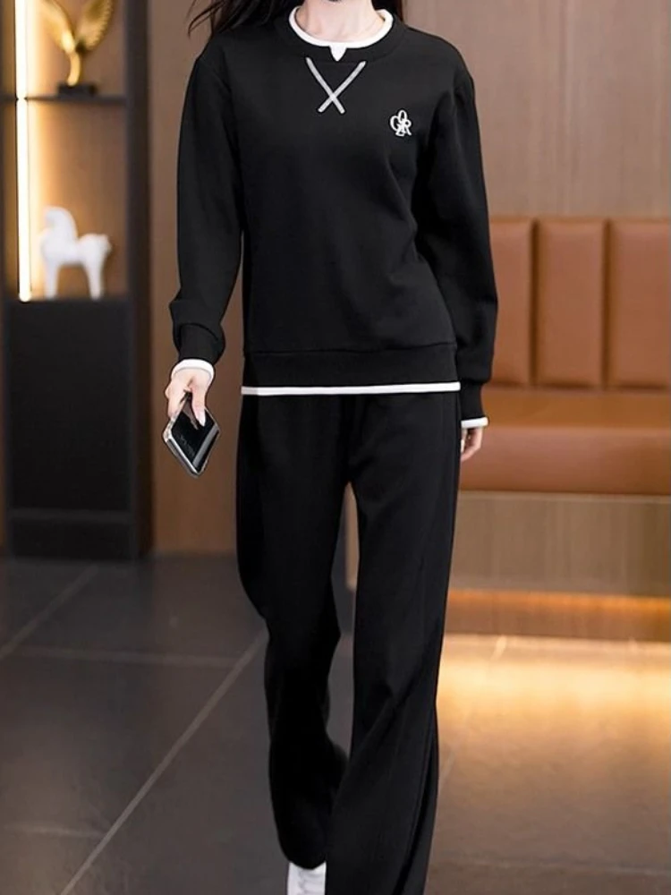 

2025 autumn two-piece set women's casual sports round neck contrasting color splicing pullover+straight leg pants