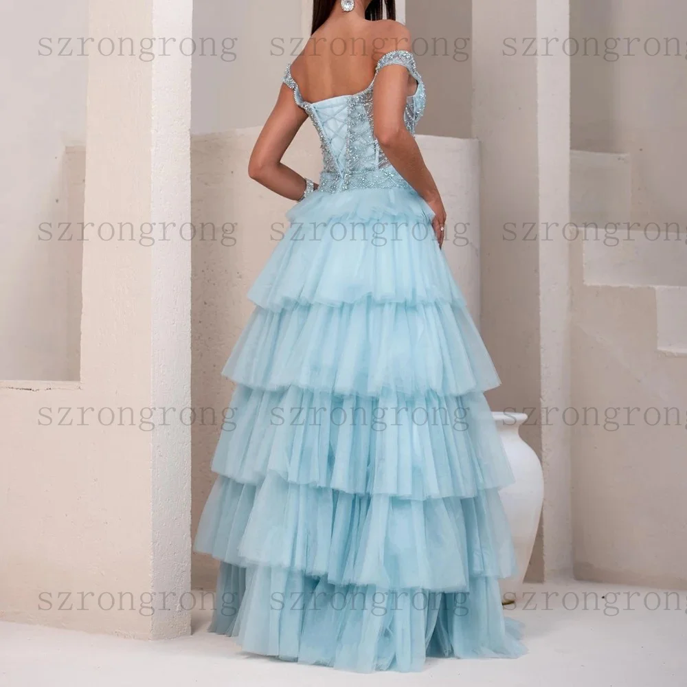 فساتين سهرة مخصصة على شكل حرف A بطول الأرض قبالة الكتف بدون أكمام فستان حفلات موضة كريستال متدرج ثنيات