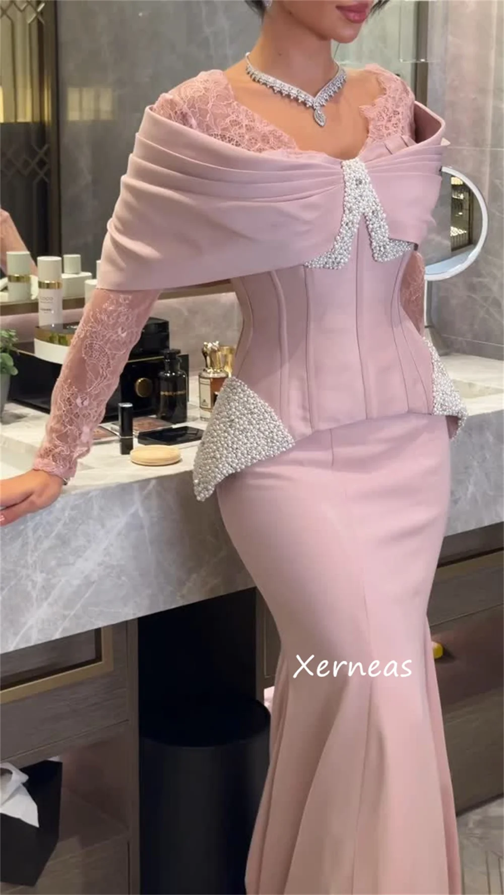 تخصيص بسيط جيرسي الطية البراقة الخامس الرقبة فساتين طويلة مخصصة مناسبة المشاهير النمط الصيني #2