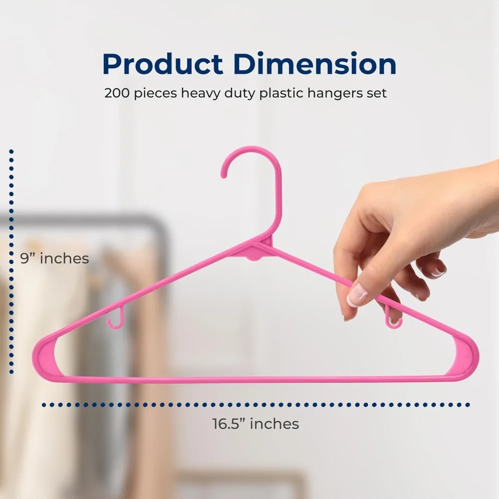 200-Pack Plastic Hangers, Non-Slip, Sweaters, Hoodies, Kids Clothes & Dresses, Ultra-Thin, Lightweight - Pink