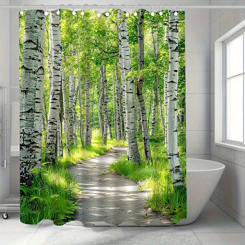Birch Tree Forest Path Shower Curtain Nature Art Bathroom Decor Green Woodland Trail Bath Curtains Modern Home Interior
