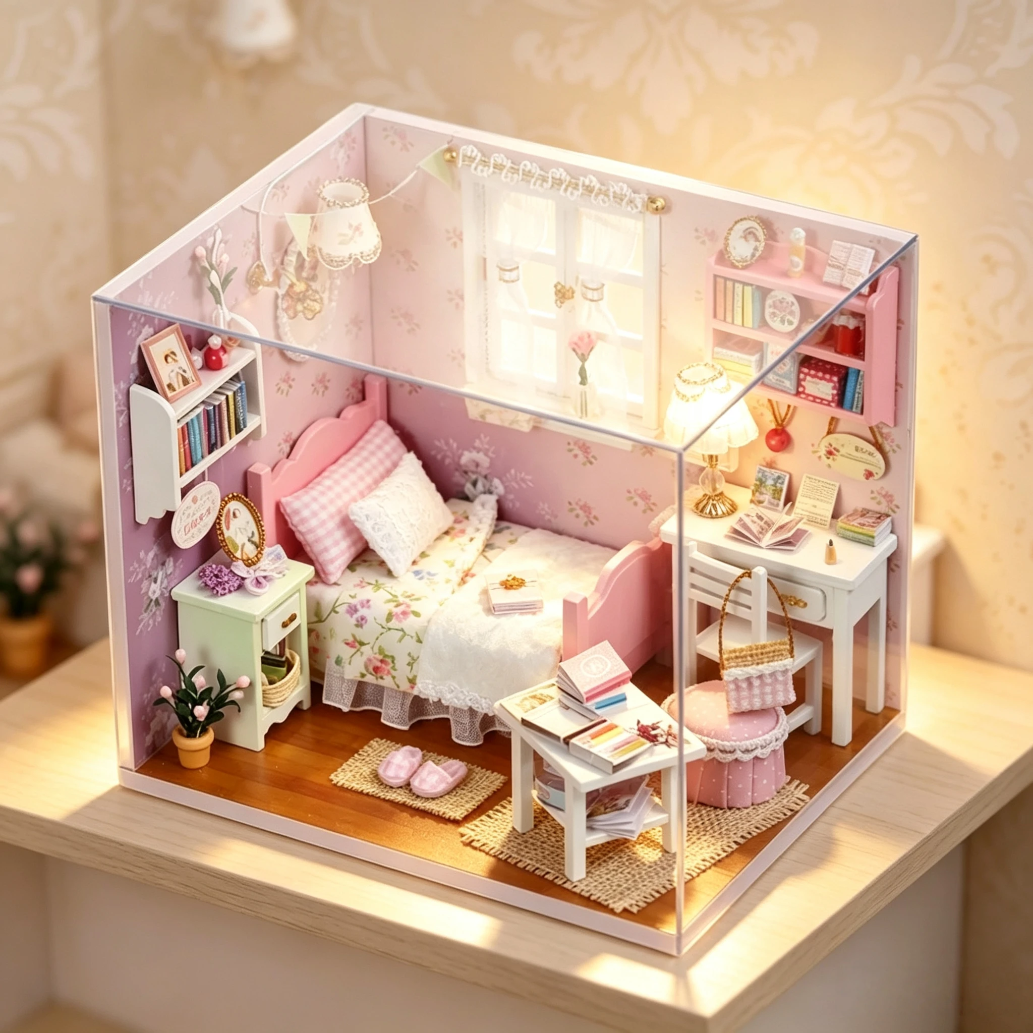 DIY Miniature Cute Pink Dollhouse 3D Puzzle House Kit Assembly Model Room Bedroom Decoration With Furniture LED Lights Gift