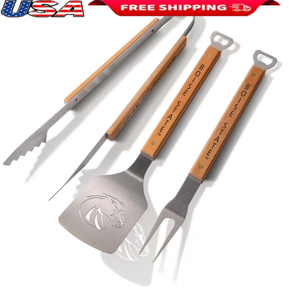

Officially Licensed NCAA BBQ Tool Set Sportula Tongs Grill Fork Heavy-Duty Stainless Steel Maple Handles Bottle Opener