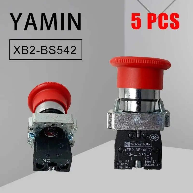 5 Buah Kepala Jamur Merah Saklar Tombol Tekan 600V 10A 22Mm Daya Darurat 1NC (ZB2) XB2-BS542