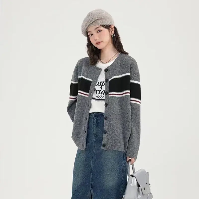 

Женский вязаный кардиган в полоску, свободный свитер в Корейском стиле с круглым вырезом, Осень-зима 2024