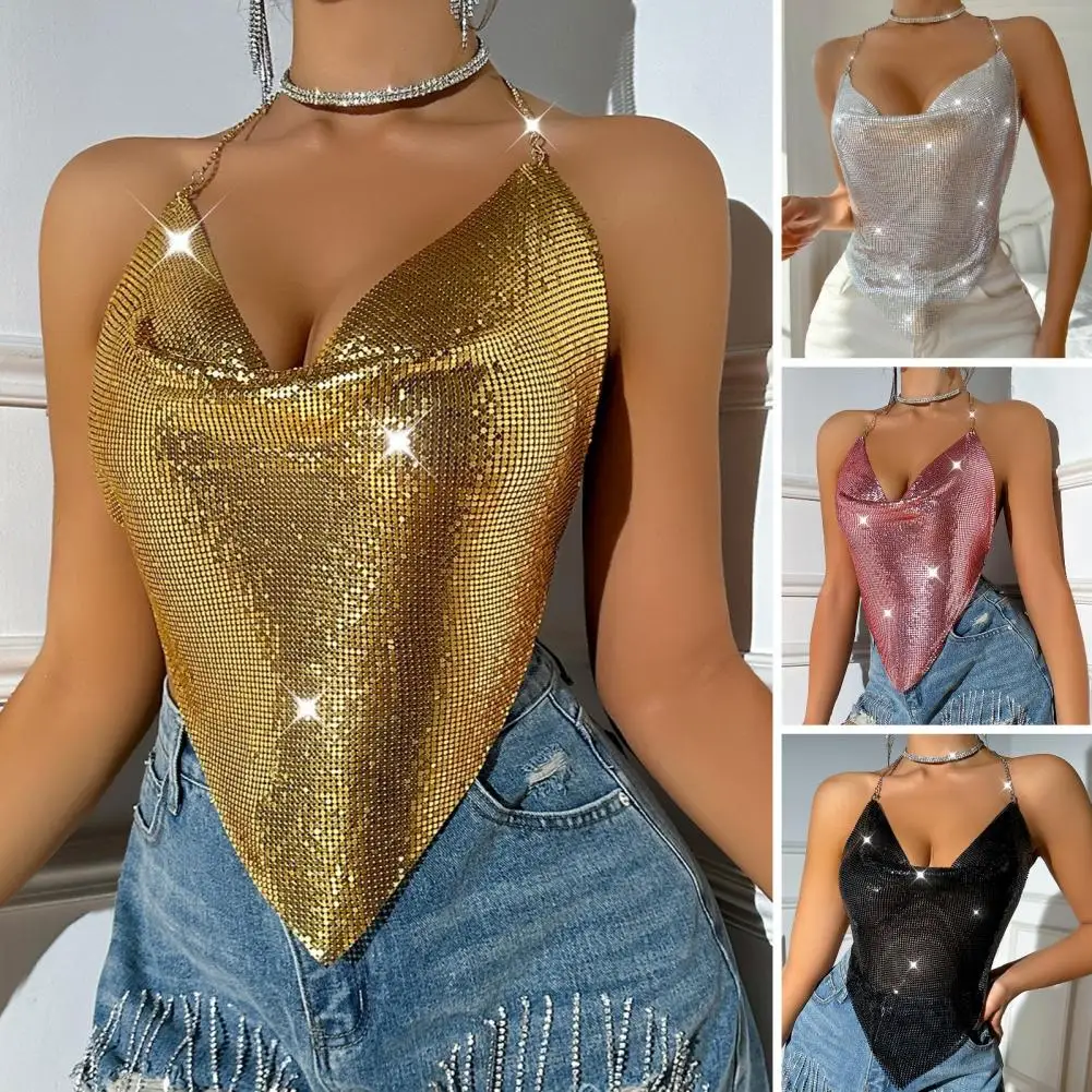Women Summer Vest Top Shiny Sequin Sleeveless Slim Fit Pullover Blouse Sparkling Stage Show Performance Tank Top Clubwear