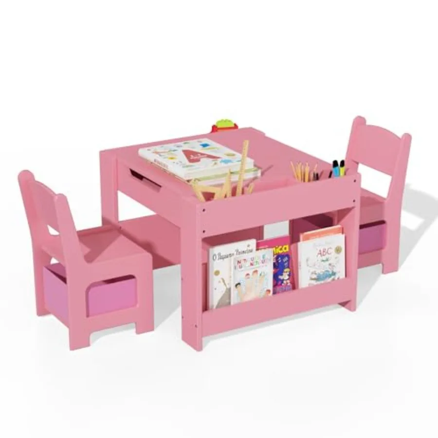 

4 in 1 Wooden Activity Table and Chair Set with Storage Drawer for Toddlers Drawing Reading Crafts Art Homework Nursery Playroo