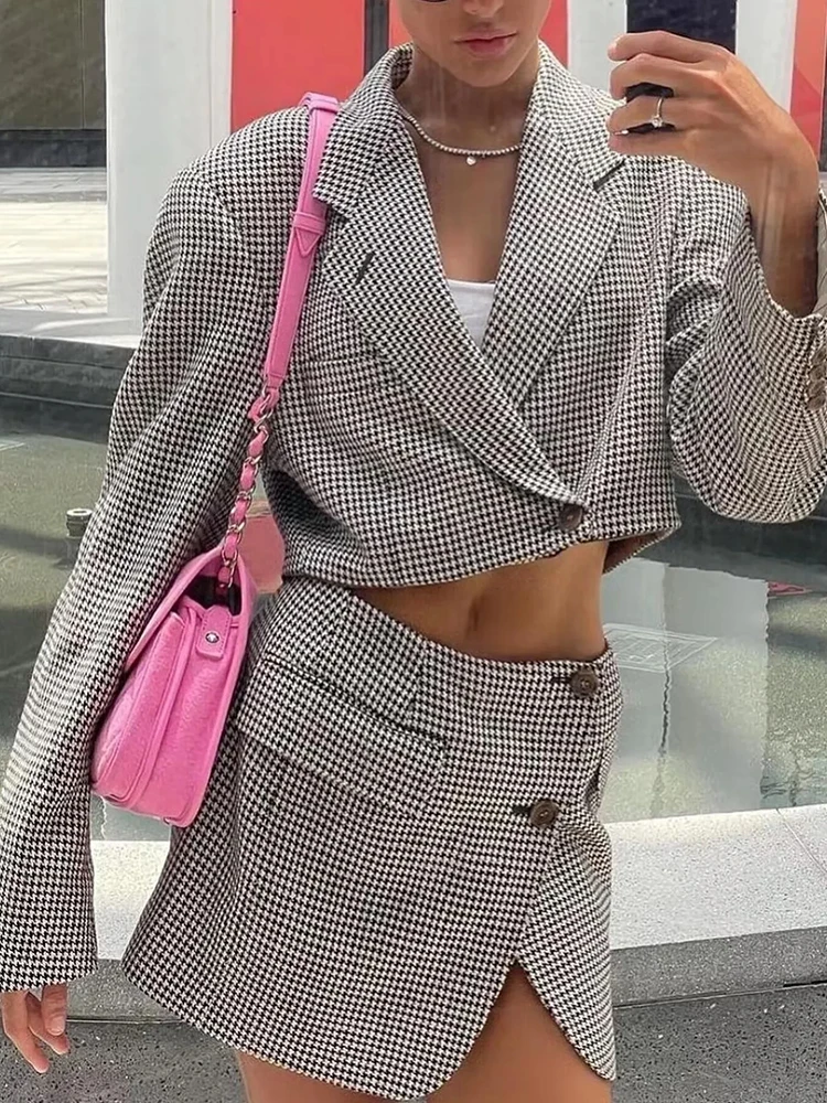 Traf Houndstooth Jacket Coats Set For Women Female Vintage Plaid Jacket Skirt Sets Y2k Shorts Sets Cropped blazer Skirts Suits