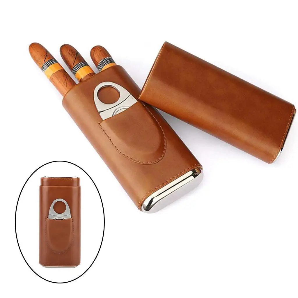 Leather Cigar Case Tube Travel Holder 3 Tube Cutter Brown