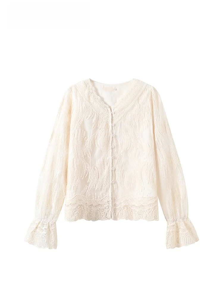 

Женская блузка больших размеров с длинным рукавом, кружевными вставками и V-образным вырезом, весенняя новинка, модный топ свободного кроя из полиэстера Cara CLUB