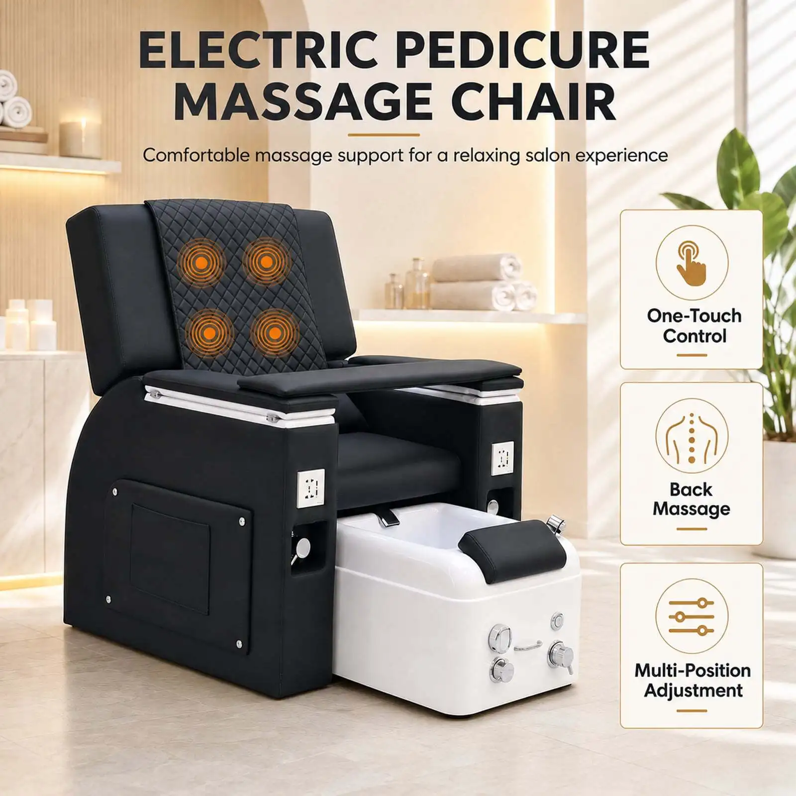 Electric Pedicure Chair No Plumbing Black Reclining Foot Spa Massage Chair Pull Out Tub USB Port Back Massage Nail Salon