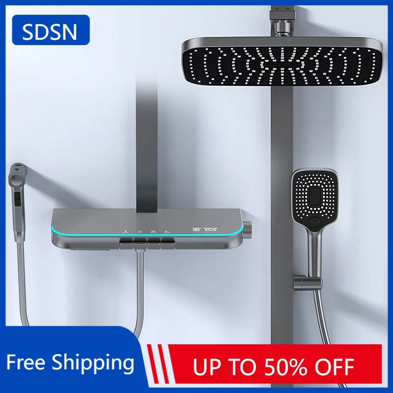 

Окружающее освещение, цифровой душевой набор для ванной комнаты, 12-дюймовая насадка для душа с дождевой насадкой, цифровое пианино, душевая система для ванной комнаты