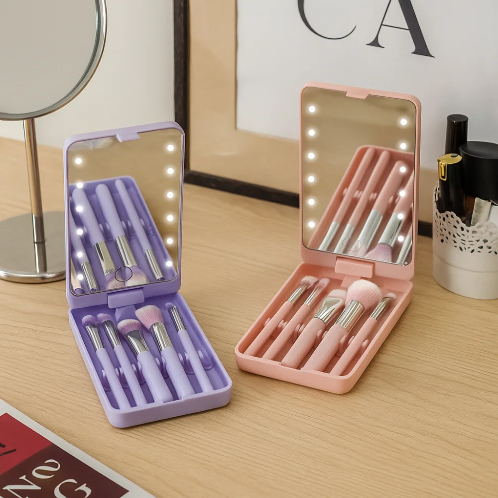 

Rotatable Mirror Travel Makeup Brush with Light Adjustable Brightness with 5pcs Brush LED Makeup Mirror Brush Set Foldable