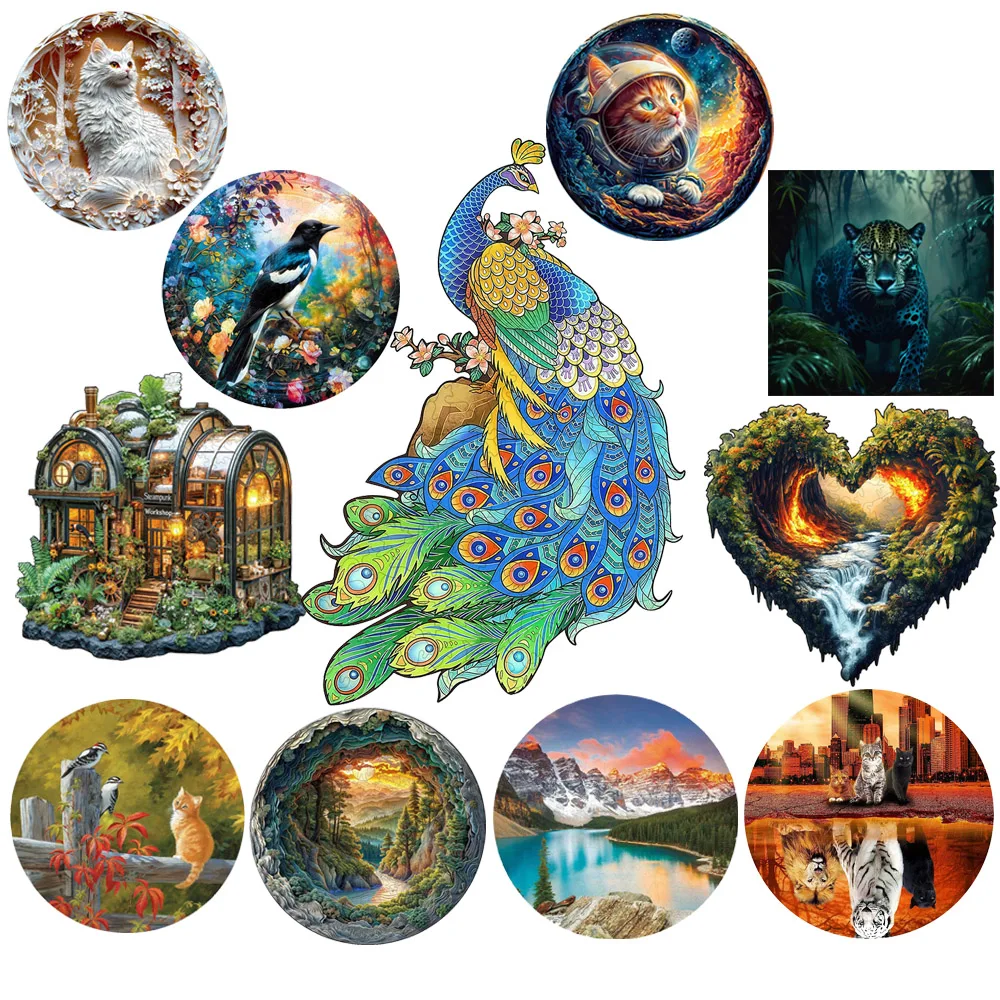 Wunderschönes Pfau-Tiger-Hund-Holzpuzzle Einzigartiges Rundes Holztier-Puzzle für Erwachsene und Kinder Intelligentes DIY-Spielzeug Geschenke für die Feiertage