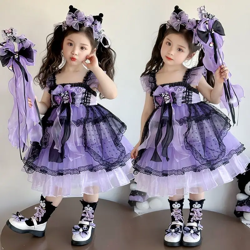 Robe de princesse Lolita douce pour filles, style anime Kuromi, avec volants superposés, tutu, nœud décoratif, costume de fête d'anniversaire pour enfants, cadeau