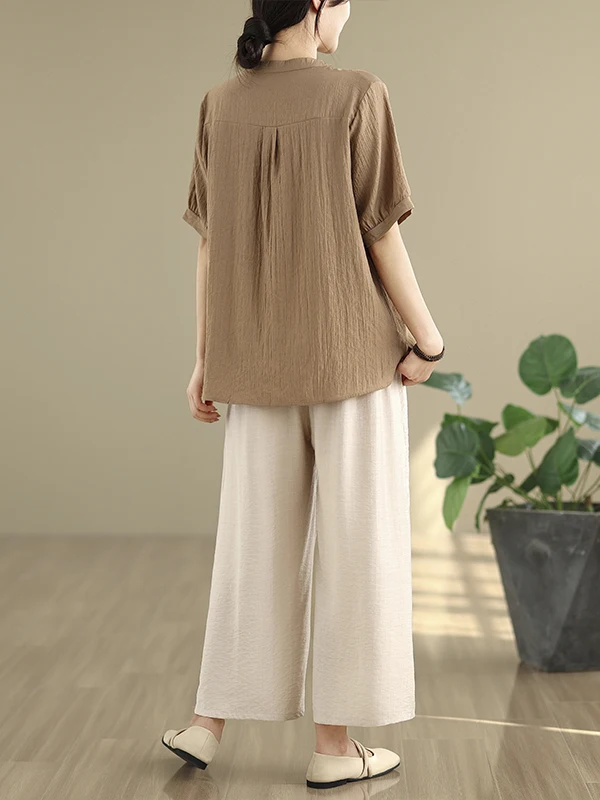 2025年夏 レディース コットンリネン 刺繍入りトップス ハイウエスト ワイドレッグパンツ ツーピースセット おしゃれ 快適 通気性