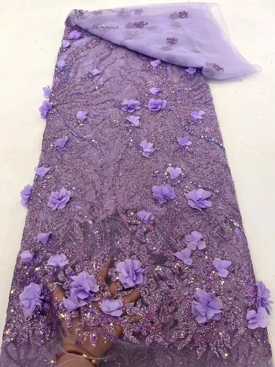 3D flor renda lantejoulas tecido, tecidos de renda líquida, requintado bordado, casamento festa vestido série, tecido de luxo, alta qualidade, 2024