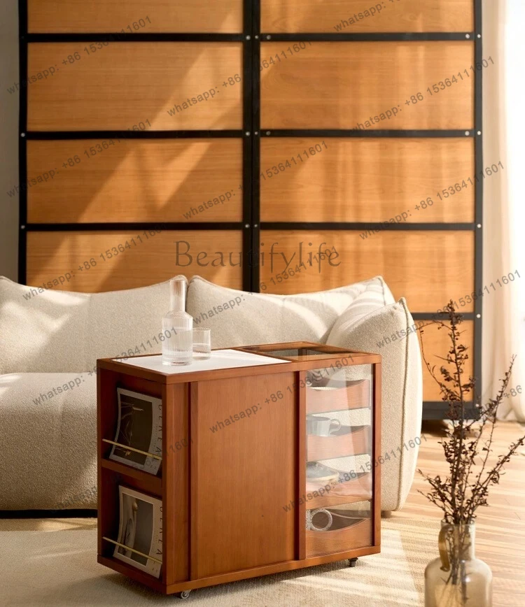 

Modern simple Nordic tea cabinet retro solid wood movable sofa side cabinet household tea table