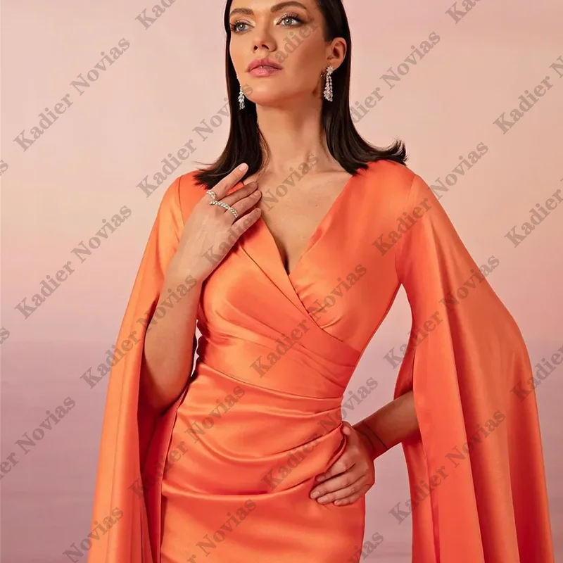 فساتين سهرة عربية دبي من الساتان البرتقالي للنساء برقبة على شكل V وتنورة جانبية على شكل حرف A لحفلات الزفاف فستان فيستدوس دي نوش مخصص