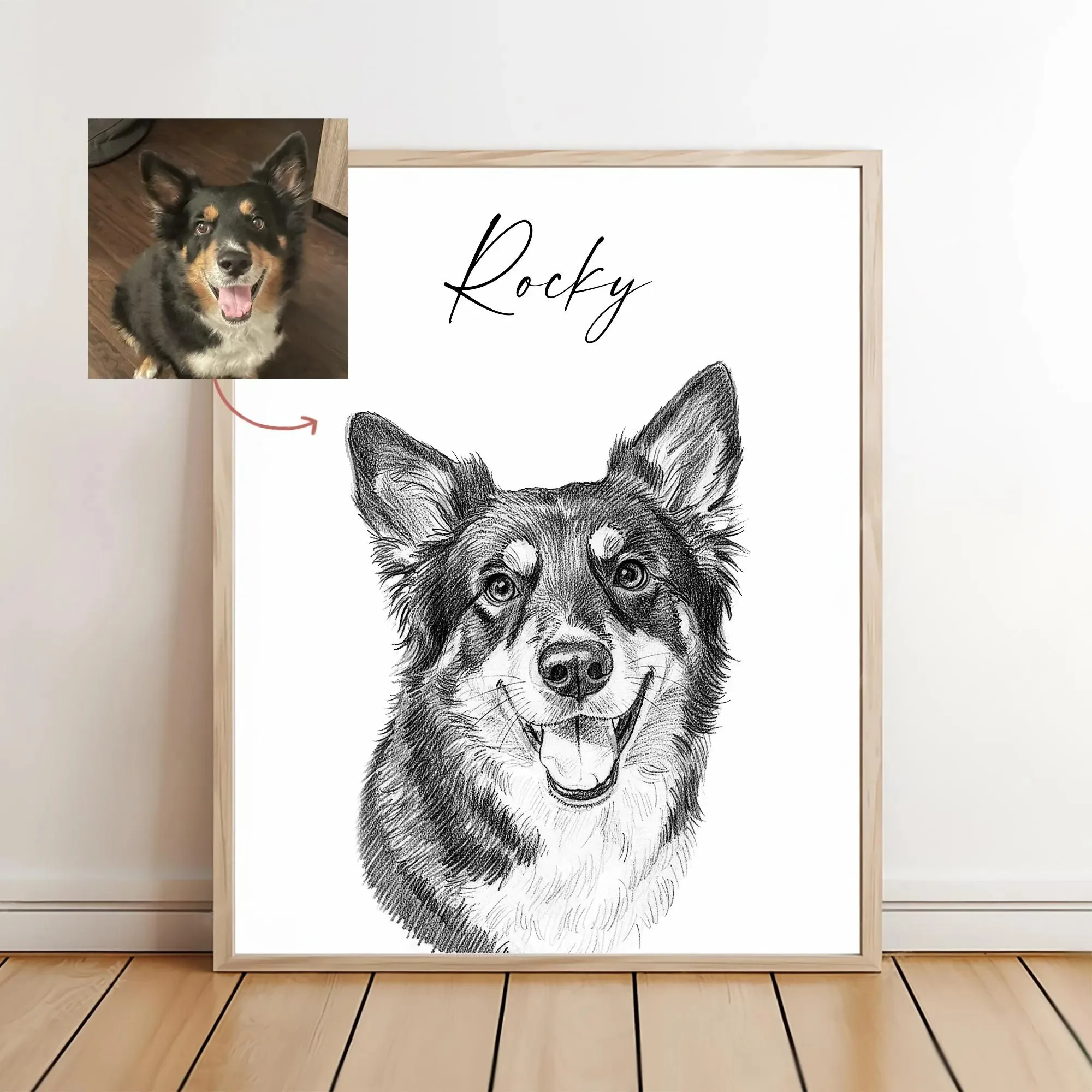 Customize Pet Portrait Photo Name Canvas Print Personalized Pencil Sketch Cat Dog Animal Wall Art Poster for Memorial Home Decor