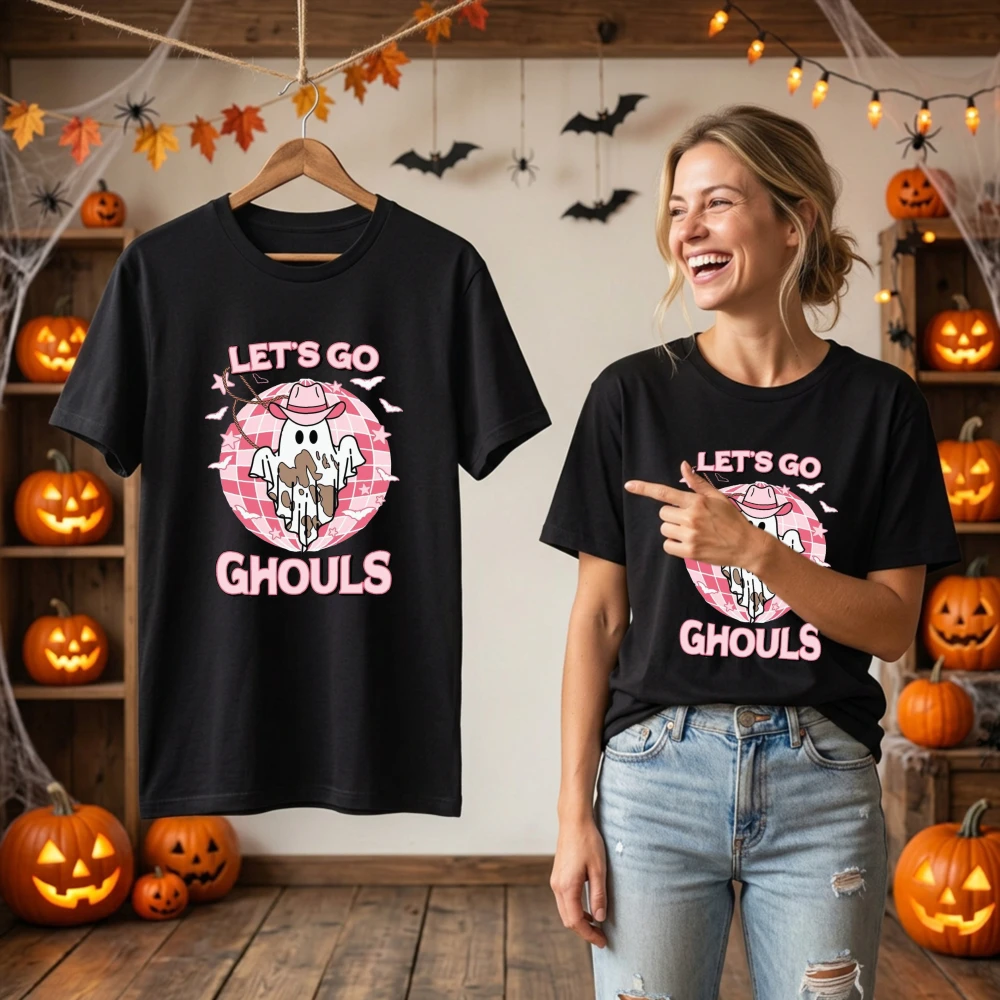 Lets Go Ghouls T Shirt Unisex Cotton Pink Disco Ghost Cowgirl Graphic Printed Tee Women Men Halloween Spooky Season T-Shirt