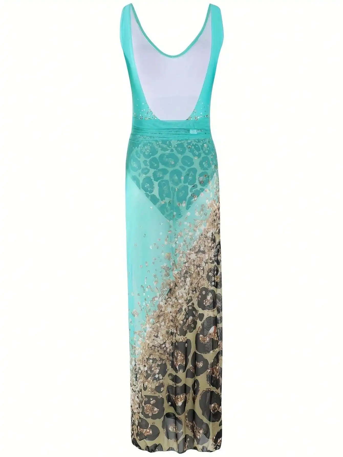 

Mint Green Leopard Print Sleeveless One-Piece Swimwear With Sheer Beach Cover-Up Skirt