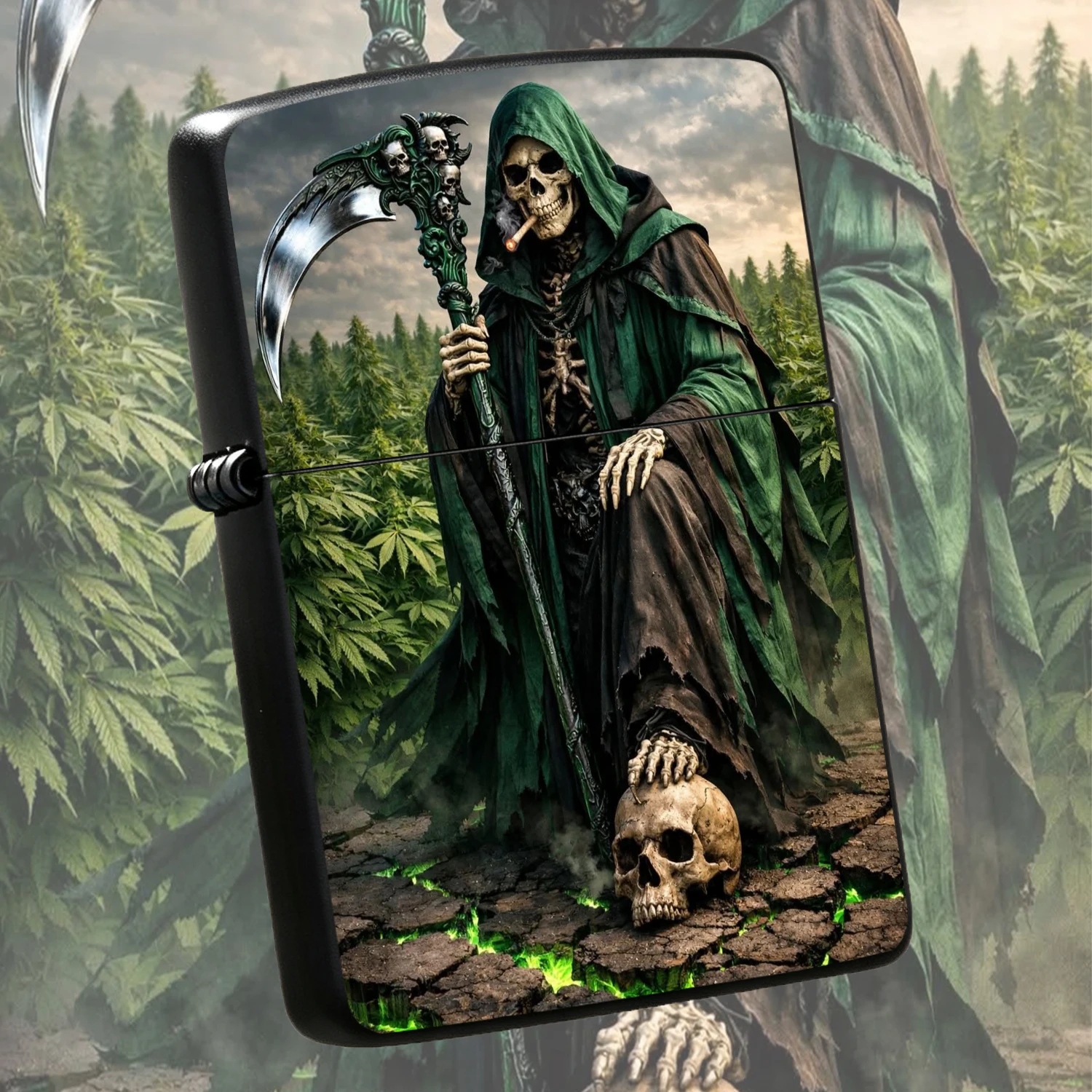 Vintage Grim Reaper Skeleton Themed Lighter, Retro Green Hooded Robe Scythe Design, Cool Dark Style  Igniter , Unique Field Scene Decor, Durable Windproof Lighter, Novelty Creative Gift For Hobbyists And Friends, Exquisite Collectible Dai