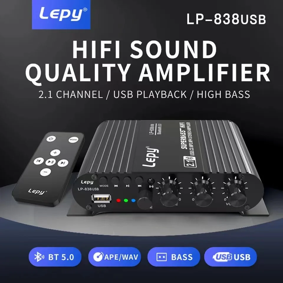 With 12V3A Power+Audio Cable Lepy LP-838 MINI Digital Hi-Fi Car Power Amplifier 2.1CH Digital Subwoofer Stereo BASS Audio Player