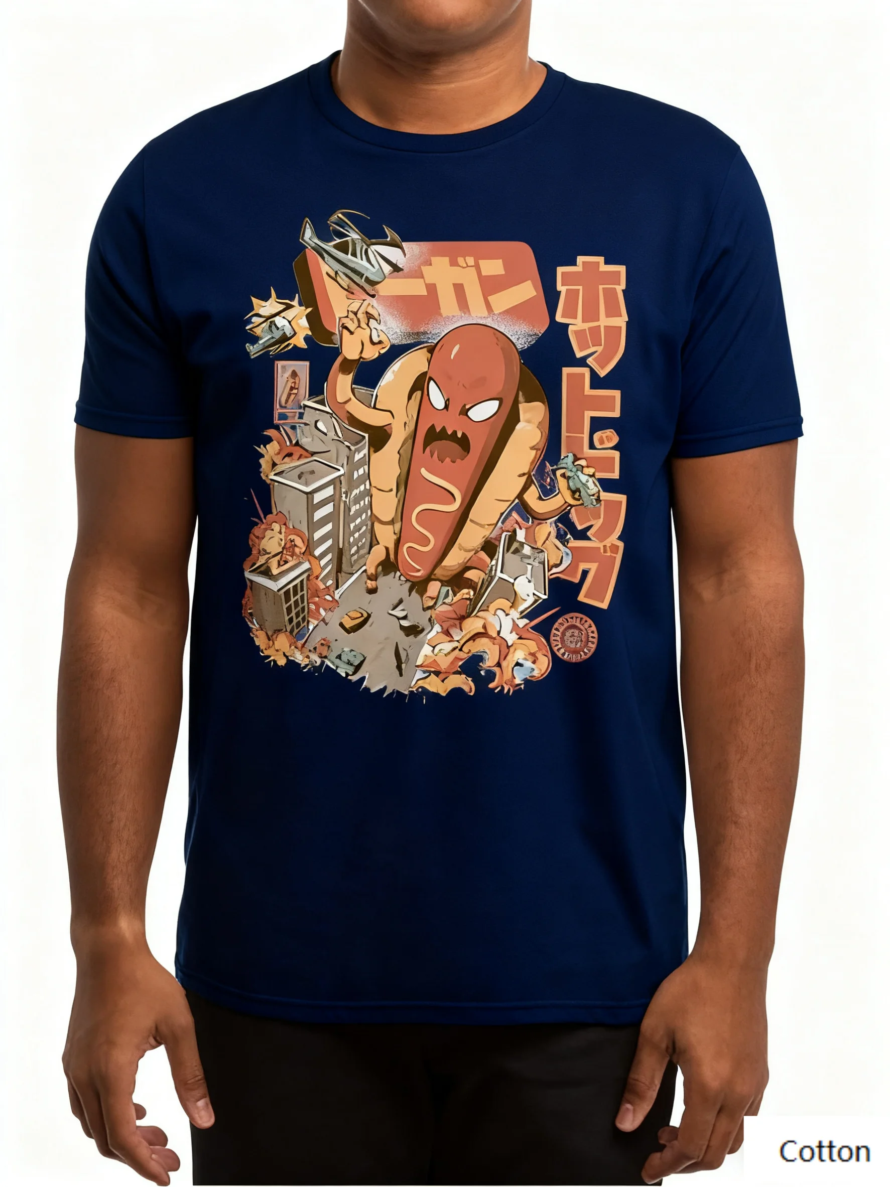 

Nostalgic Hot Dog Kaiju City Mayhem Cotton Crew Neck T Shirt with A Creative Print of An Enormous Hot Dog Kaiju Causing S-4XL