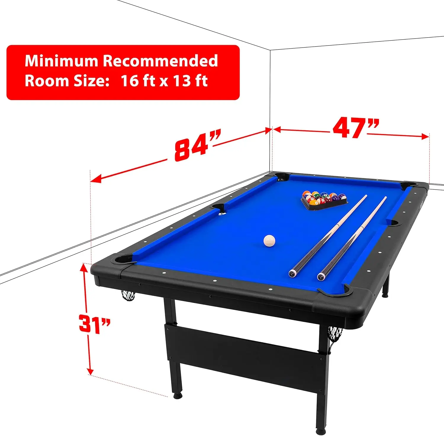 6, 7, or 8 ft Billiards Table  Portable Pool Table  Includes Full Set of Balls, 2 Cue Sticks  Chalk and Felt Brush