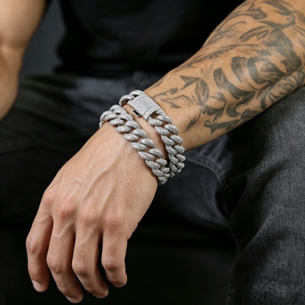 Hip hop 15MM Ice Out Miami Bubble Cuban Chain Necklace Silver Full Micro Paving CZ Rap Jewelry Men's and Women's Punk Jewelry