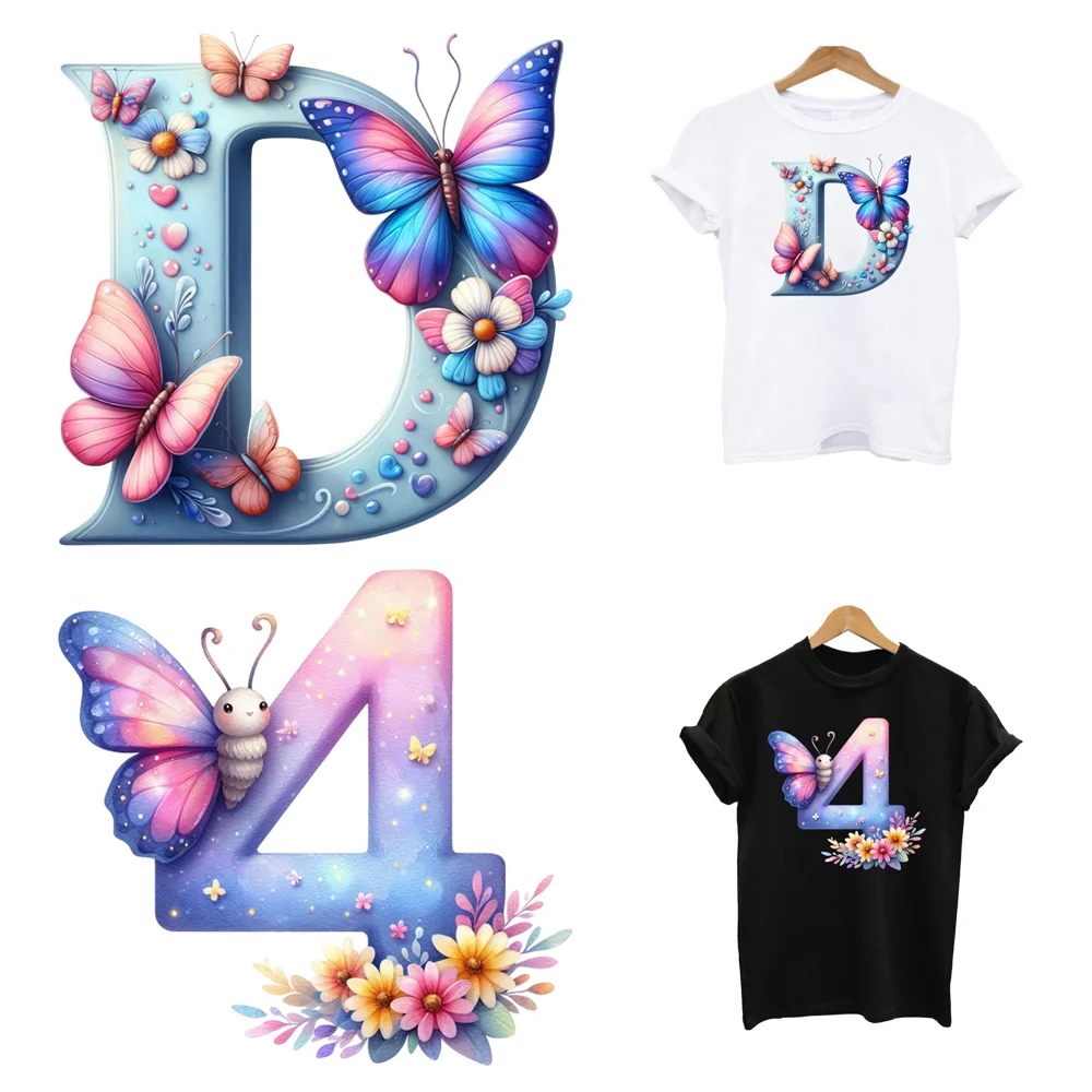 2Pcs/Lot Butterfly Letters Numbers Thermo-Adhesive Fusible Iron On Patches Heat Thermal Transfer Women T Shirt Stickers Clothing