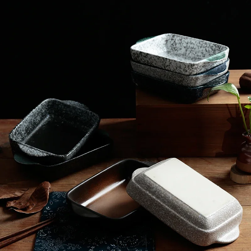 Japanese Styel Ceramic Baking Dish Rectangular Bakeware Roasting Pan With Handle Oven Kitchen Baking Tool
